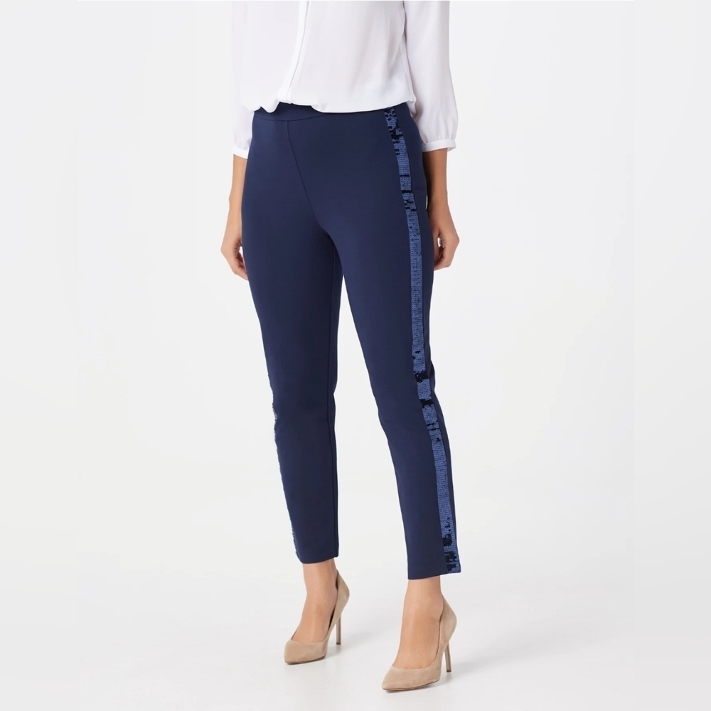 Joan Rivers Signature Knit Ankle Pants w Sequin Strip, Navy Blue, Size XL